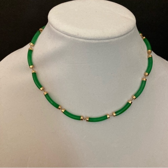 Genuine Green Jade Bar Necklace 14k Gold | Excellent Condition New No Tags - Picture 2 of 12